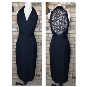 VINTAGE JS COLLECTIONS black button-front sleeveless suit dress with lace back